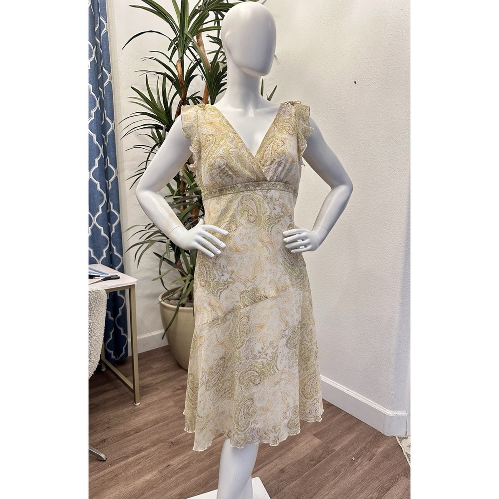 VTG 90s Midi Dress Sz L Yellow Sleeveless Flowy Phoebe Buffay Flutter Hem Deep V